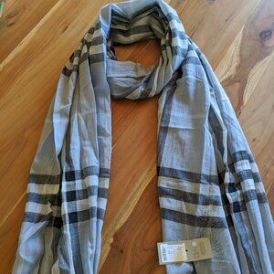 Burberry Scarf Authentic Dusty Blue Gauze Oversized Lightweight Plaid Sheer
